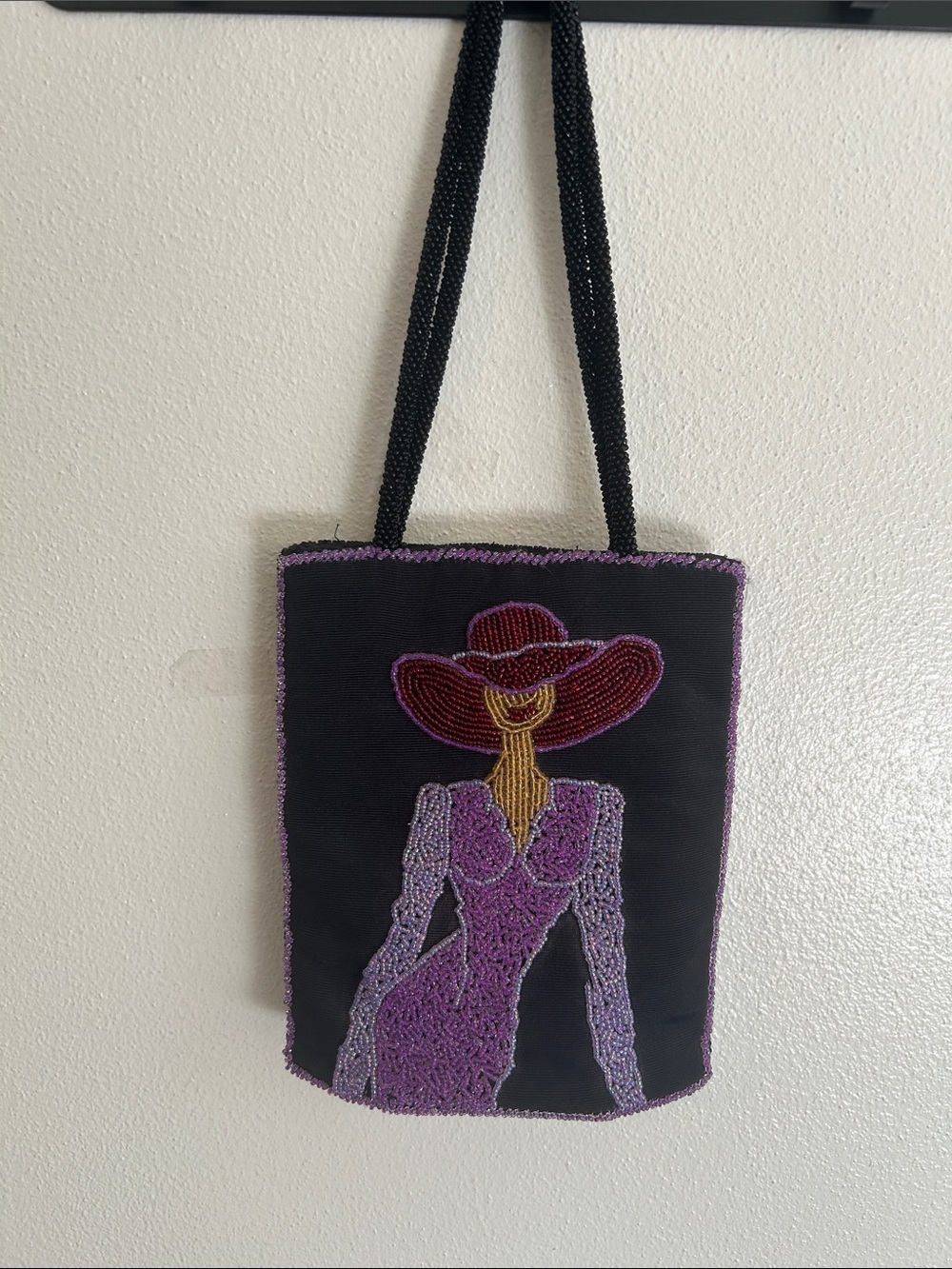 Vintage ERMO Black Satin Glass  Bead Embroidery PurpleLady/Red Hat Whimsical Bag